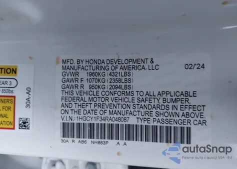 2024 Honda Accord Ex из США, поврежденный, VIN 1HGCY1F34RA048087